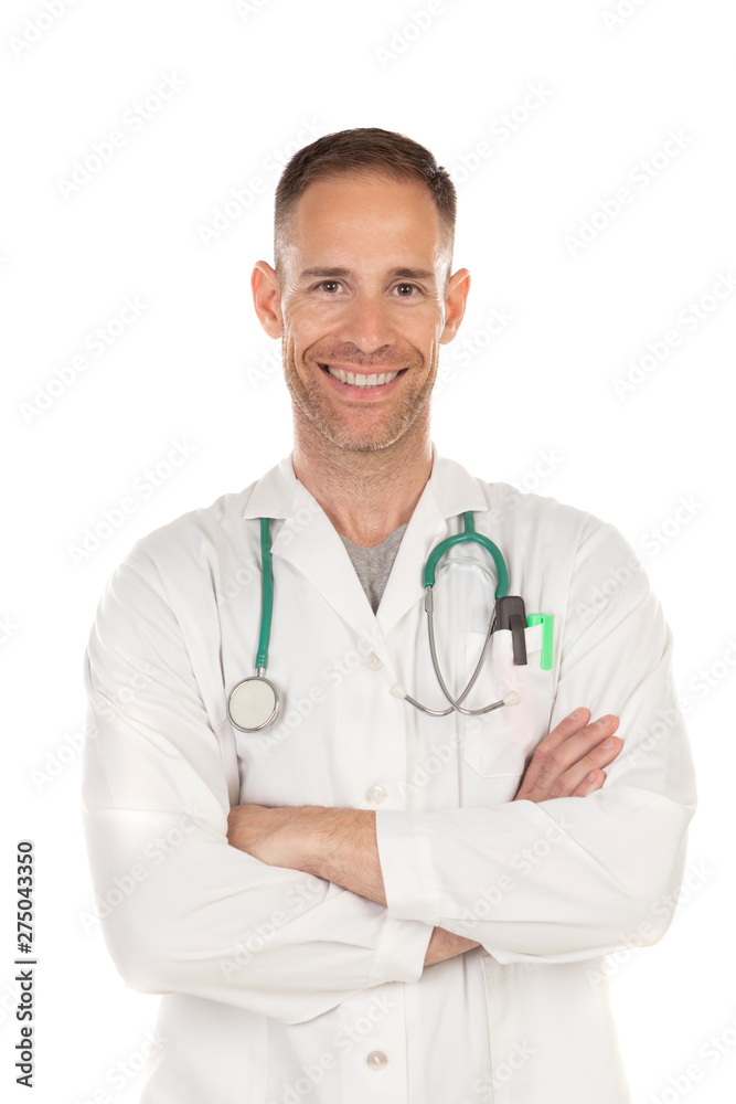 Young doctor wearing a white gown and with a stethoscope