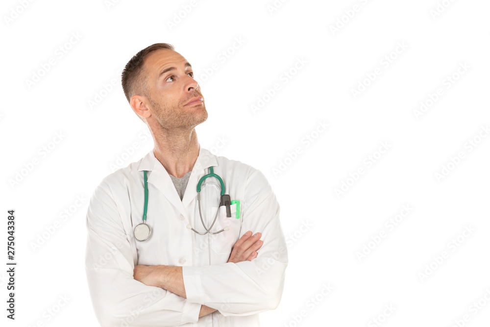 Pensive young doctor wearing a white gown Pensive young doctor wearing a white gown