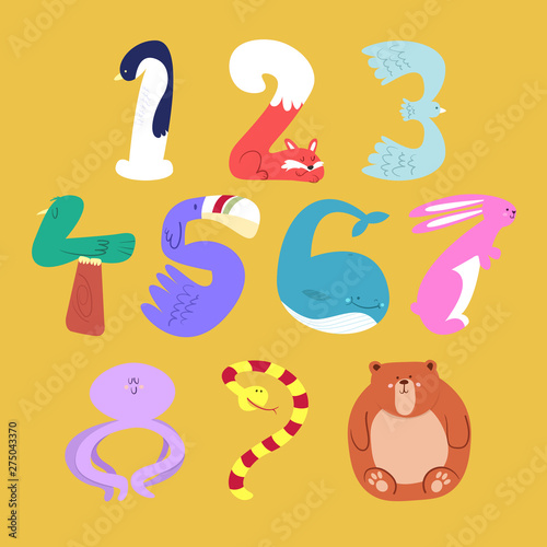 Set of cartoon animal numbers in flat style design