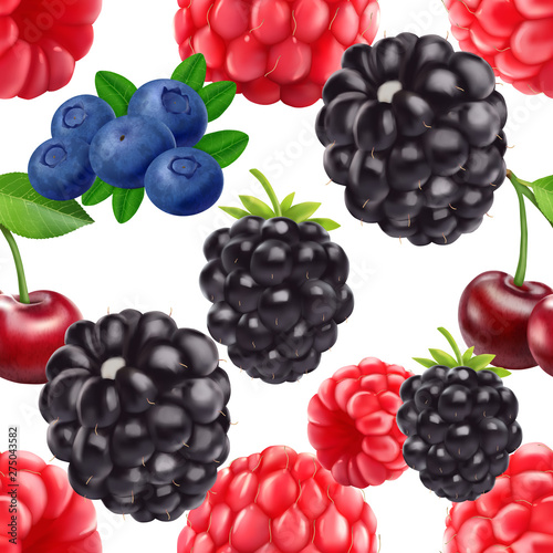 Blackberry blueberry cherry and raspberry seamless pattern. 3d realistic vector berries.