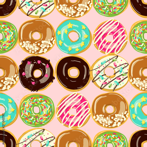 Glazed Donuts seamless pattern. Bakery Vector Cartoon style Top View doughnuts