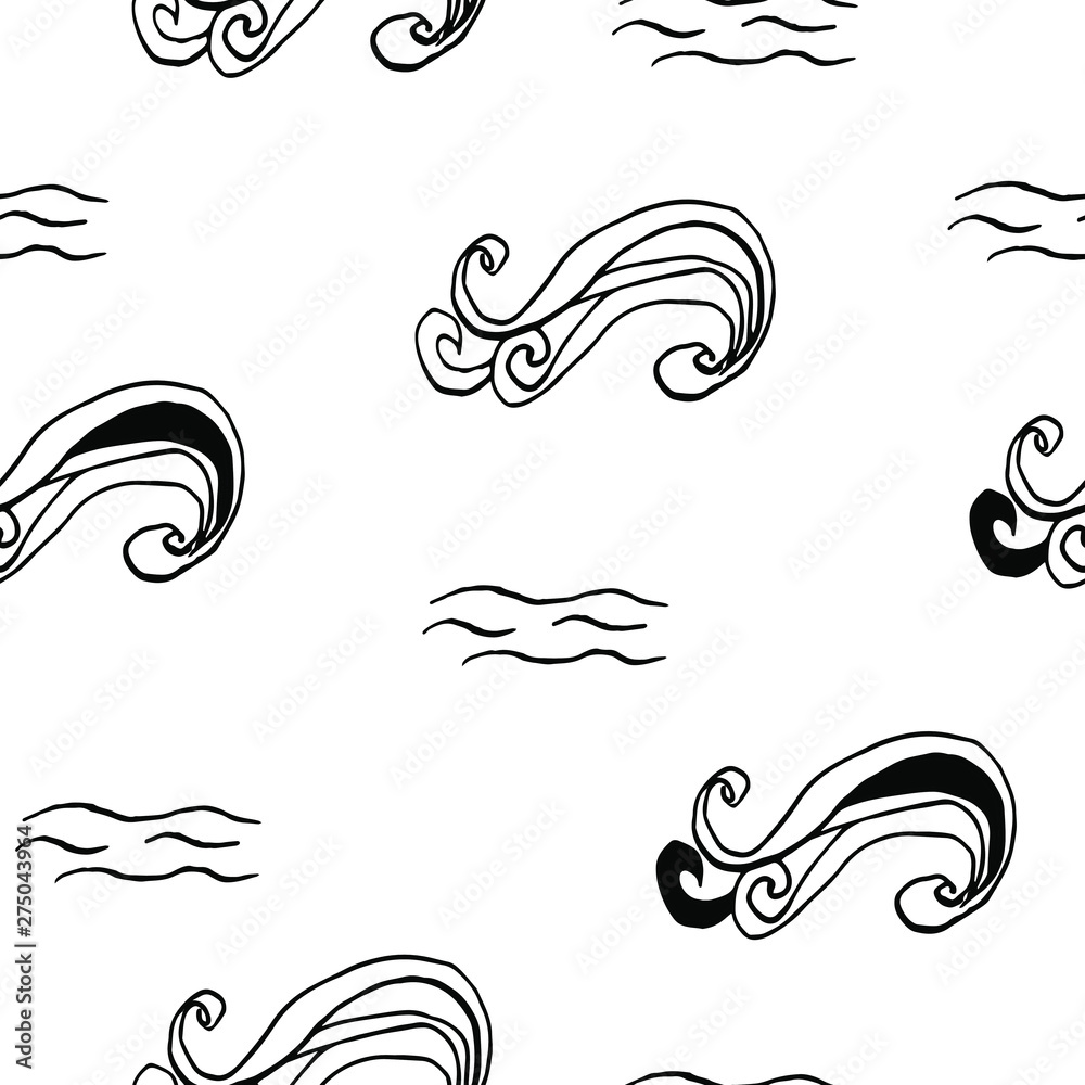 Fototapeta premium Collection of sea marine ink doodles on white backdrop. Seamless pattern. Endless texture. Can be used for printed materials. Vacation holiday background. Hand drawn design elements. Festive print.