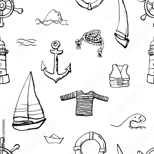 Collection of sea marine ink doodles on white backdrop. Seamless pattern. Endless texture. Can be used for printed materials. Vacation holiday background. Hand drawn design elements. Festive print.