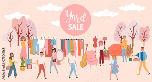 Yard sale poster with people selling and shopping at walking street, vintage furniture, clothes and accessories shop, cartoon flat design. Editable vector illustration