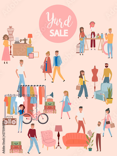 Yard sale poster with people selling and shopping at walking street, vintage furniture, clothes and accessories shop, cartoon flat design. Editable vector illustration