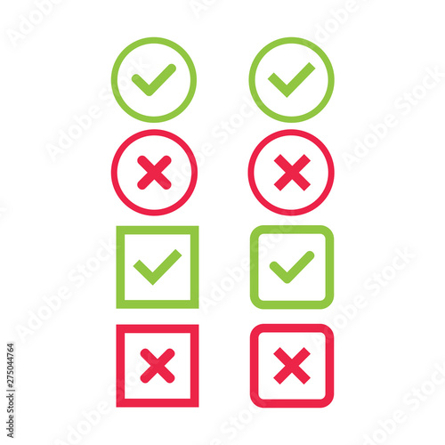 Set of simple web buttons - green check mark and red cross, circle and square.