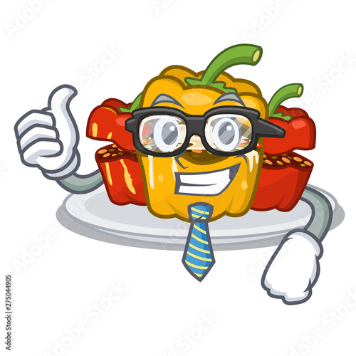Businessman stuffed pepper is served cartoon plate