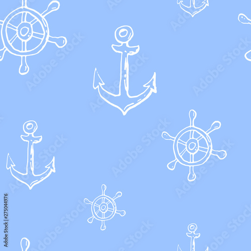 Collection of sea marine ink doodles on blue backdrop. Seamless pattern. Endless texture. Can be used for printed materials. Vacation holiday background. Hand drawn design elements. Festive print. photo