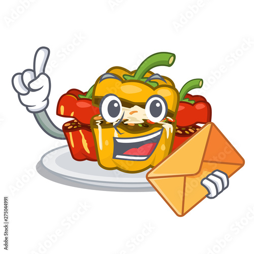 With envelope stuffed pepper is served cartoon plate