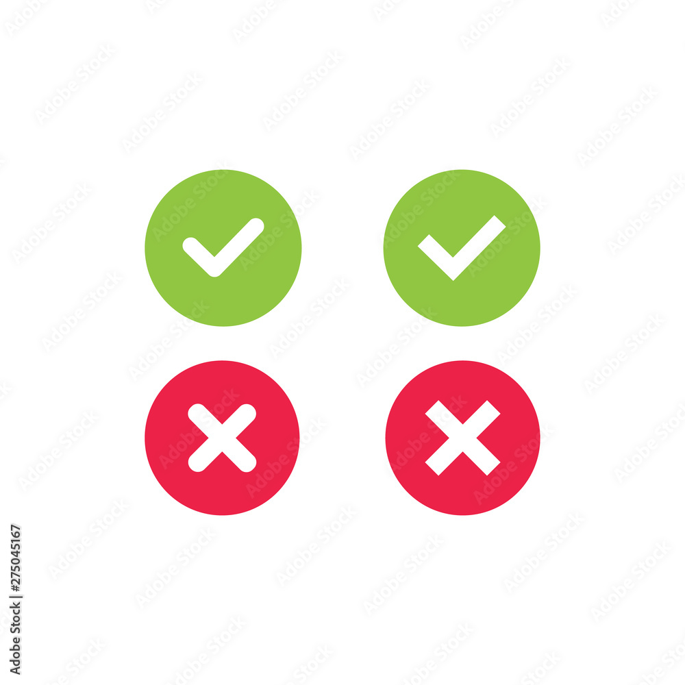 A set of four simple web buttons - green check mark and red cross in two variants: square and rounded corners. A set of four simple web buttons - green check mark and red cross in two variants: square and rounded corners.