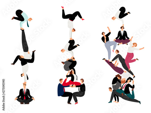 Business human pyramid. Team work success concept with miniature people, successful corporate crowd creative, vector employees together support working communication isolated on white