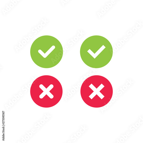 A set of four simple web buttons - green check mark and red cross in two variants: square and rounded corners.