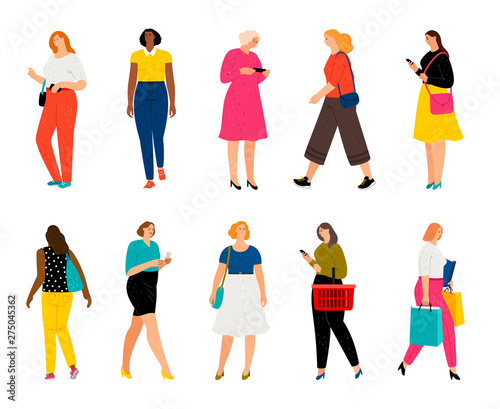 Casual woman persons. Adults female characters with shopping bags and mobile phones, smiling face women group vector illustration, fashionable lifestyle elegant lady isolated on white