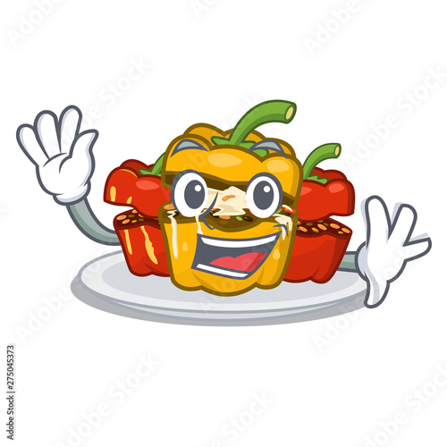 Waving stuffed pepper is served cartoon plate