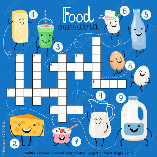 Food crossword with milk, eggs and diary products characters, vector illustration photo