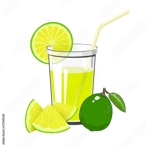 Glass of Fresh Citrus Fruit Juice of Lime and Lemon and a Straw Isolated on White Background , Summer Refreshing Drink with Lime and Lemon Slices, Vector Illustration