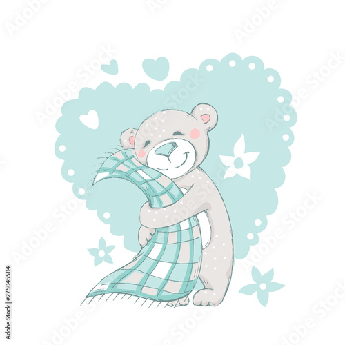 Little nice bear with soft blanket. Cute cartoon animal. Kids illustration. Sweet baby card. Tender poster.