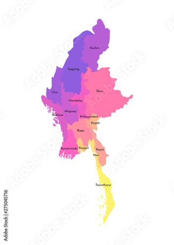 Vector isolated illustration of simplified administrative map of Myanmar. Borders and names of the regions. Multi colored silhouettes