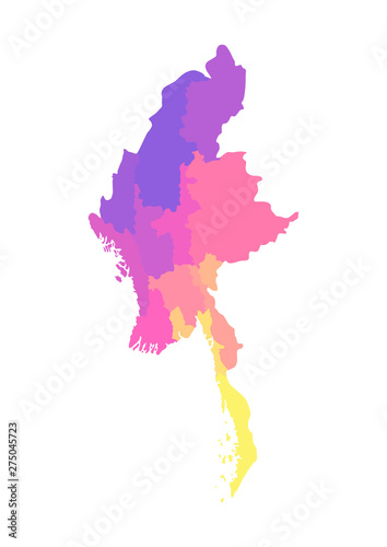 Vector isolated illustration of simplified administrative map of Myanmar. Borders of the regions. Multi colored silhouettes
