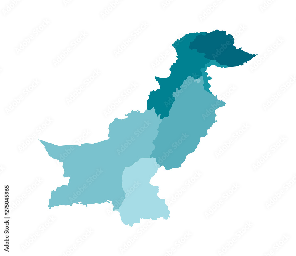 Vector isolated illustration of simplified administrative map of Pakistan. Borders of the regions. Colorful blue khaki silhouettes
