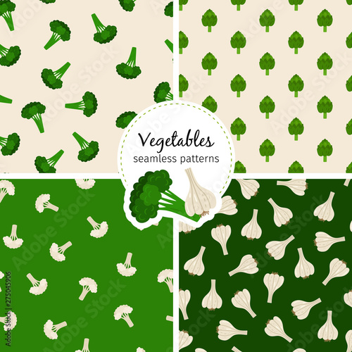 Vegetable seamless patterns set with cauliflower  broccoli  artichokes and garlic  vector illustration