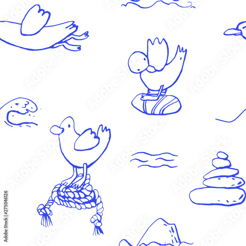 Collection of sea marine ink doodles on white backdrop. Seamless pattern. Endless texture. Can be used for printed materials. Vacation holiday background. Hand drawn design elements. Festive print.