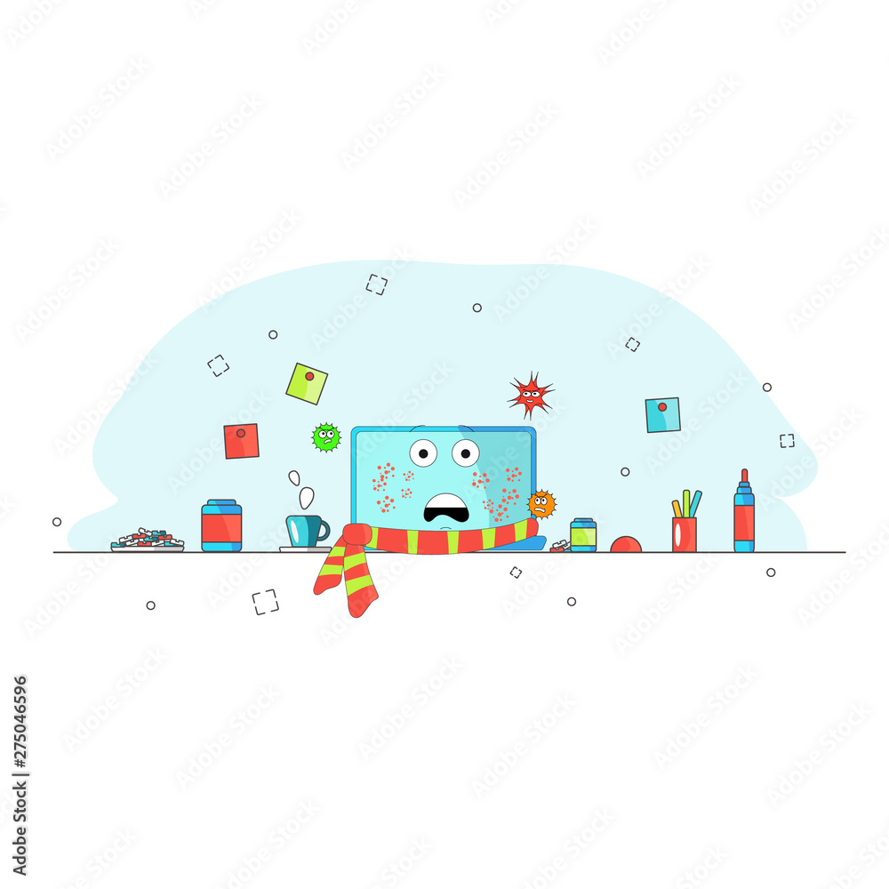 Computer is infected with viruses. Breakdown Funny cartoon computer character with a scarf and viruses. Sick and medication. Tea and pills. Needs help. Vector illustration for blog, website, booklet Computer is infected with viruses. Breakdown Funny cartoon computer character with a scarf and viruses. Sick and medication. Tea and pills. Needs help. Vector illustration for blog, website, booklet