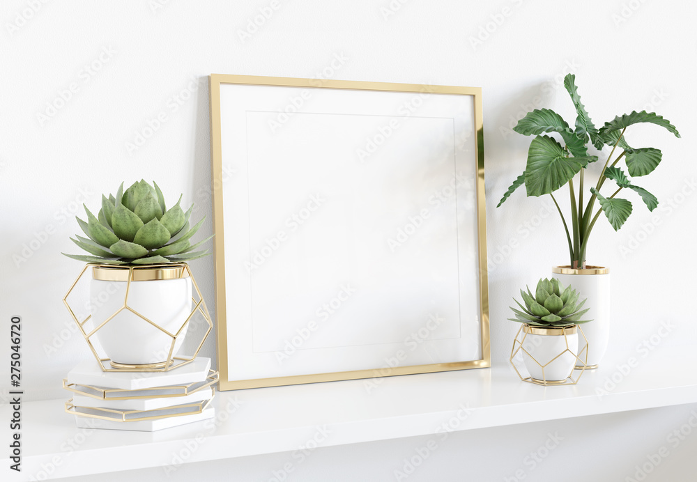 Frame leaning on white shelve in bright interior with plants and decorations mockup 3D rendering - obrazy, fototapety, plakaty 