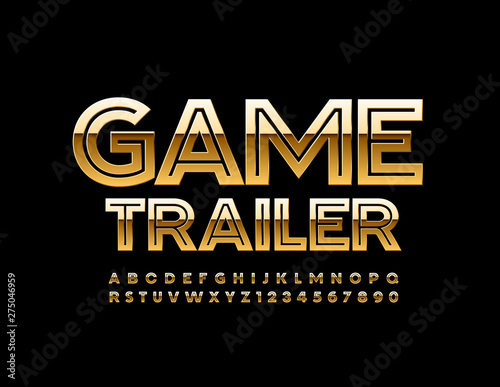 Vector modern sign Game Trailer with elegant Golden Font. Uppercase creative Alphabet. Premium Letters and Numbers set