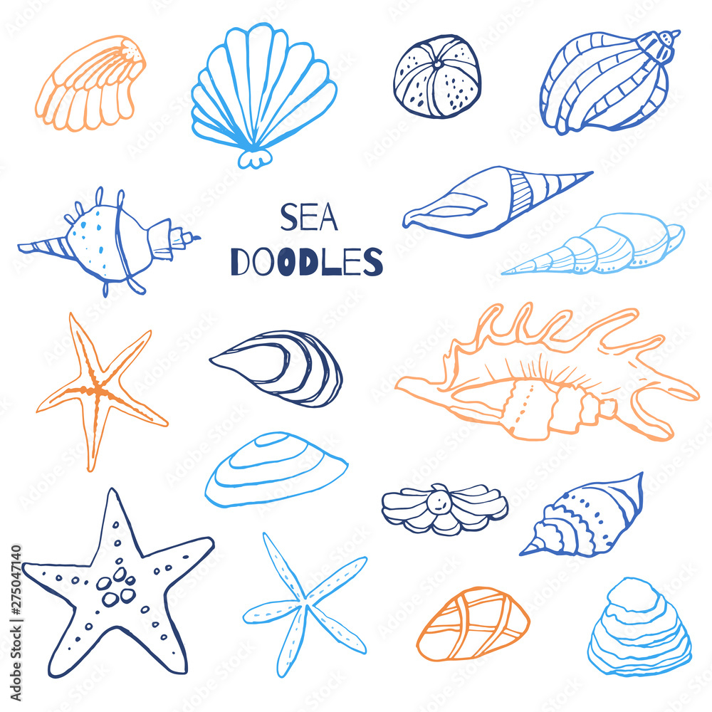 Collection of sea marine ink doodles on white backdrop. Stock set. Cute marine icons. Can be used for printed materials. Vacation holiday background. Hand drawn design elements. Festive card.