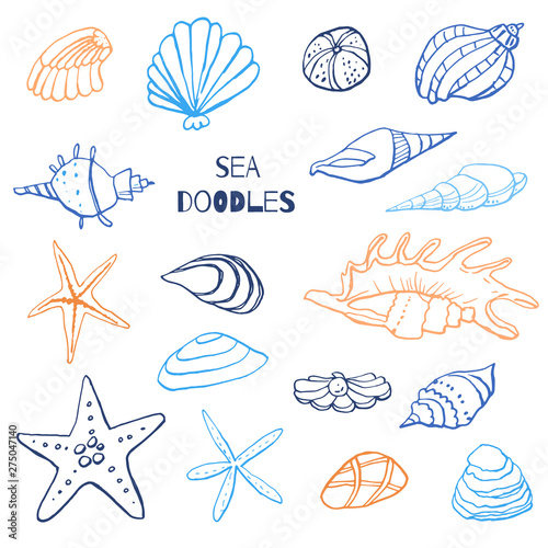 Collection of sea marine ink doodles on white backdrop. Stock set. Cute marine icons. Can be used for printed materials. Vacation holiday background. Hand drawn design elements. Festive card. © Diana