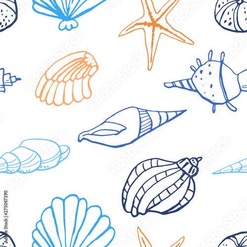 Collection of sea marine ink doodles on white backdrop. Seamless pattern. Endless texture. Can be used for printed materials. Vacation holiday background. Hand drawn design elements. Festive print. © Diana