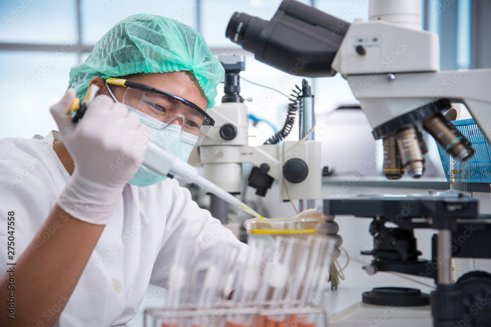 Scientist watching sample test with microscope and lecture. Scientist watching sample test with microscope and lecture.
