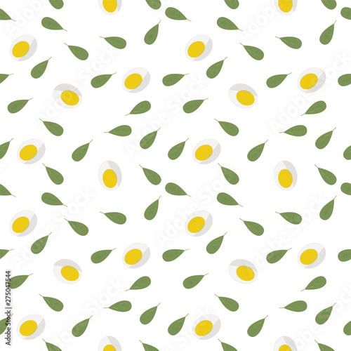 Keto diet. Seamless pattern of fresh Green lettuce, halved eggs. Light background. Can be used as packaging for healthy foods, as wrapping paper, wall art, posters. Vector illustration
