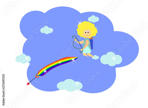 Homosexual symbol. A cupid with lush yellow hair shoots rainbow arrows from his bow Rainbow striped coloring in gay pride flag. Concept of same-sex homosexual relationship of bisexual, gay and lesbian