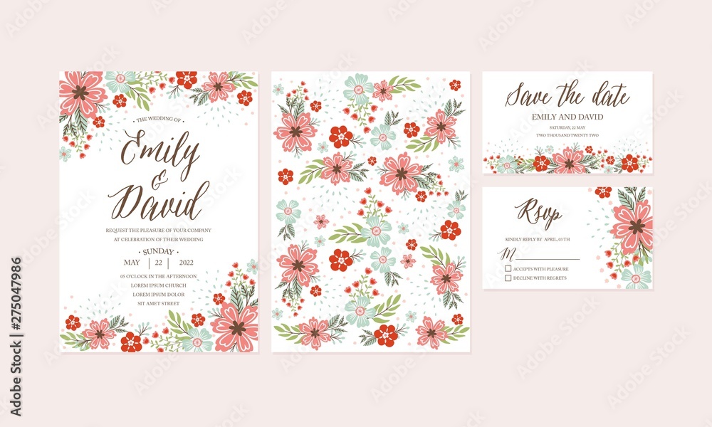 Hand Drawn Spring Flower Wedding Invitation,Thank You card, Pattern, RSVP, Save the Date.  Printable Templates with Floral, Flower Collection. Vector - Illustration