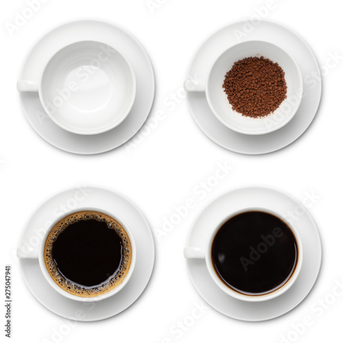 coffee cup assortment top view collection isolated on white background.