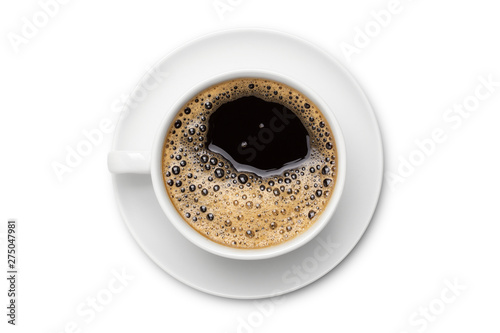 coffee black in white ceramic cup, top view isolated on white background.