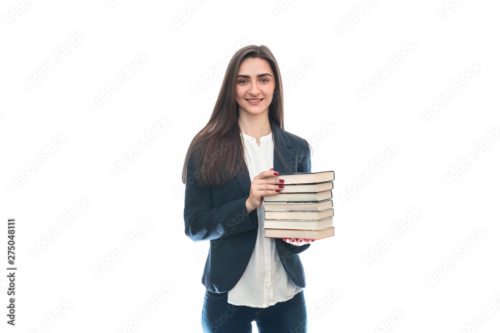 Fototapeta premium Beautiful young woman with books isolated on white