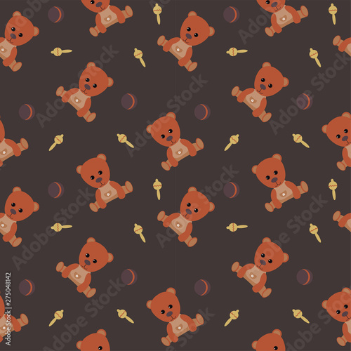 Fototapeta Naklejka Na Ścianę i Meble -  Brown bear seamless pattern. Little bear Ball and rattle. Dark background. Great for kids room, wall art, backgrounds, packaging, fabrics, scrapbooking and gift wrapping. Interior Design.