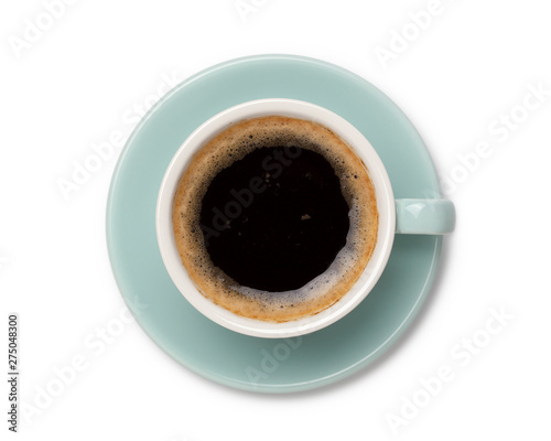 coffee black in ceramic cup, top view isolated on white background.