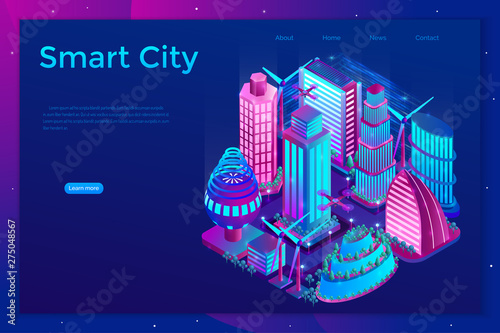 Futuristic night city is illuminated by neon lights in isometric style. The concept of smart city with skyscrapers  windmills  drones. Landing page template. Vector illustration.