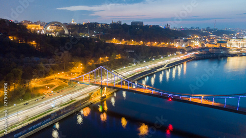 aerial night city view  luminous buildings and bridge.  Drone shot