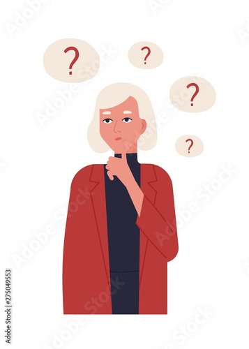 Portrait of cute blonde girl in jacket thinking or reflecting isolated on white background. Young woman surrounded by thought bubbles with question marks. Flat cartoon colorful vector illustration.
