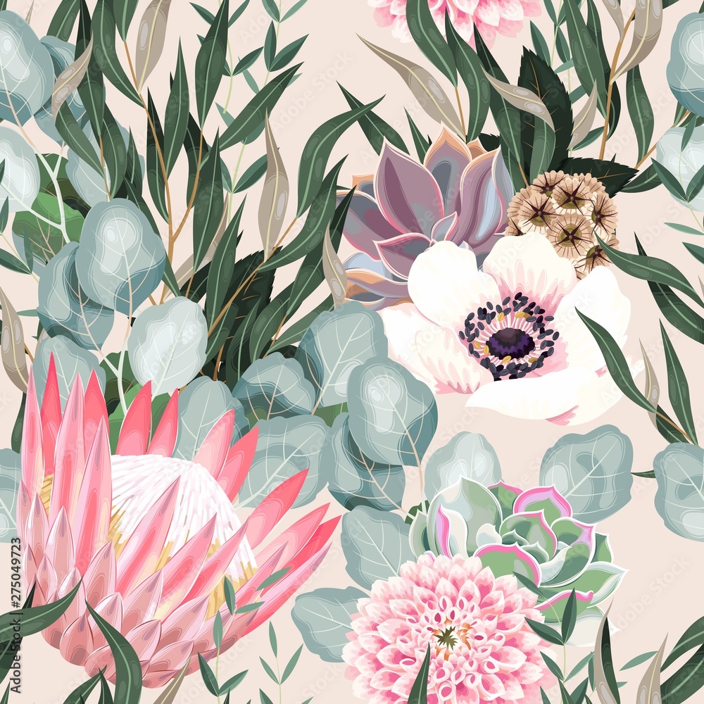 Vector seamless pattern with protea and greenery - obrazy, fototapety, plakaty 