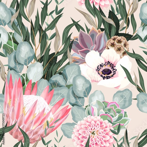 Vector seamless pattern with protea and greenery