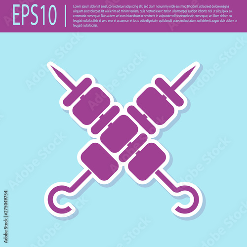 Retro purple Crossed grilled shish kebab on skewers stick icon isolated on turquoise background. Meat kebab on skewers stick. Picnic with grill meat. Vector Illustration