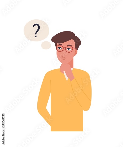 Portrait of young thoughtful man isolated on white background. Pensive or thinking boy in glasses surrounded by thought bubbles with interrogation points. Flat cartoon colorful vector illustration.