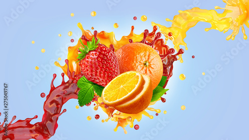 Fotografi Orange strawberry fresh fruit juices mix blend liquid swirls 3D splashes