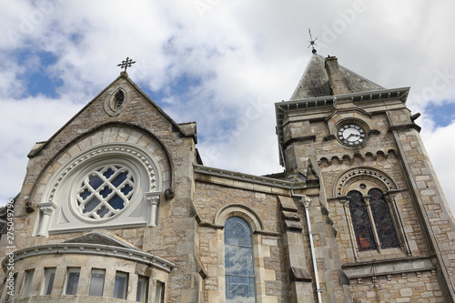 Steeple and gable of the Pitlochry Parish Church in Scotland